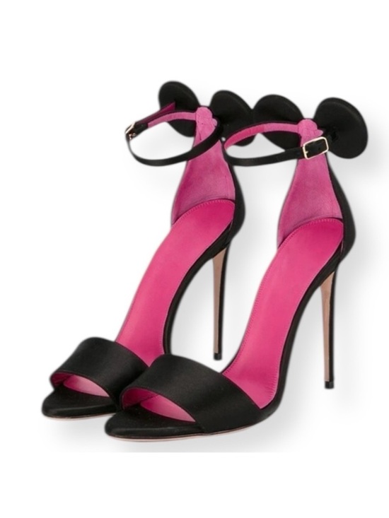 Only Maker Shoes - NEW Only Maker Bow Mouse Ears Satin Black Pink Stiletto Heels Size 37 (US 6.5-7)